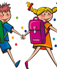 Two children walking hand in hand wearing school bags