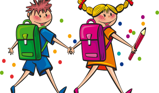 Two children walking hand in hand wearing school bags