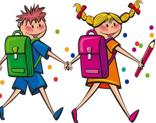 Two children walking hand in hand wearing school bags